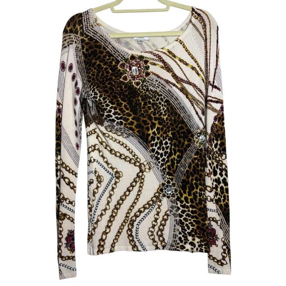 CACHE Y2K Leopard Print Chain Rhinestone Embellished Lightweight Sweater, Size S - Picture 1 of 7